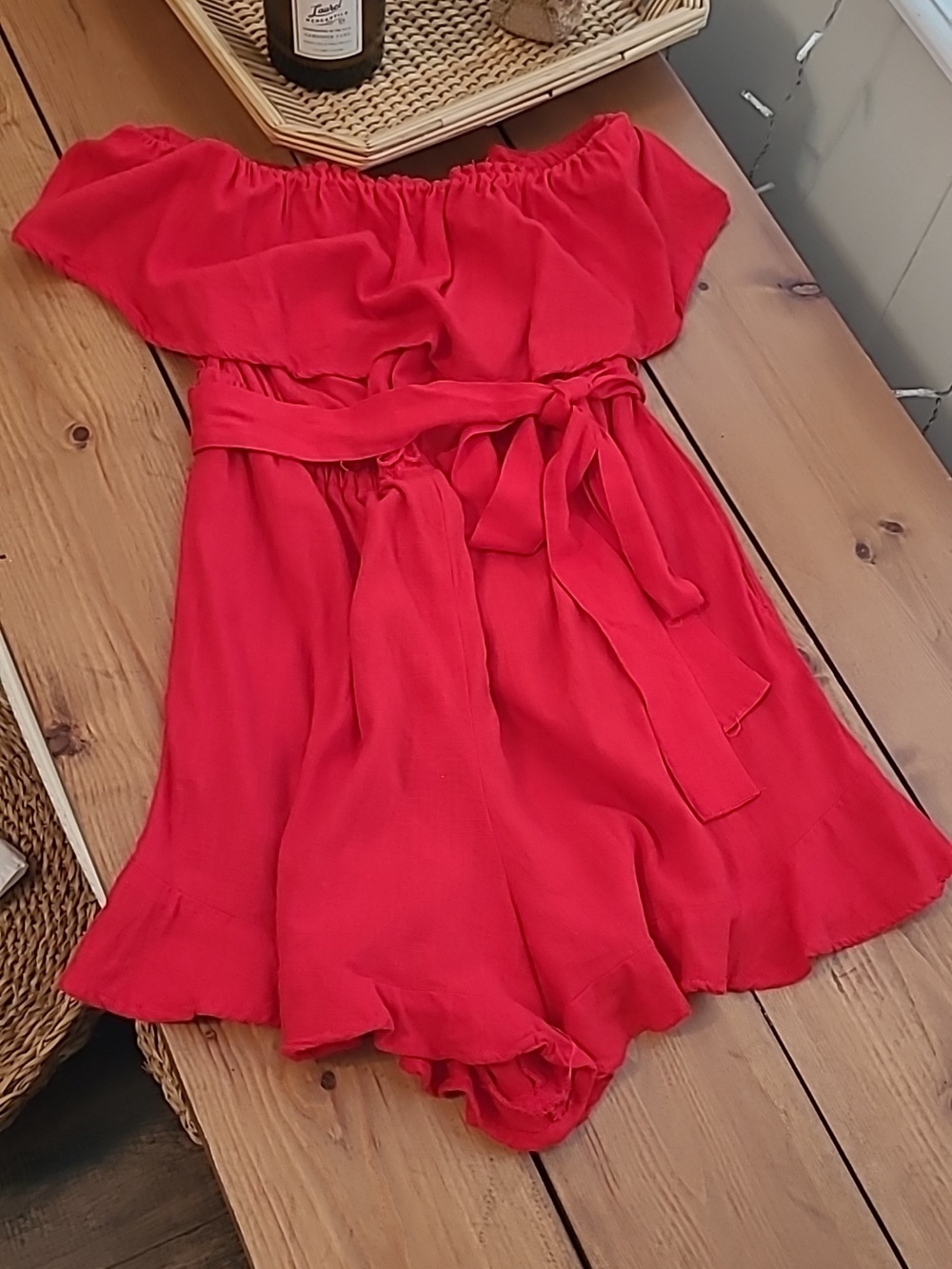 Bright Red Strapless Linen Blend Romper